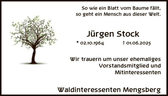 Todesanzeige von Jürgen Stock von HNA