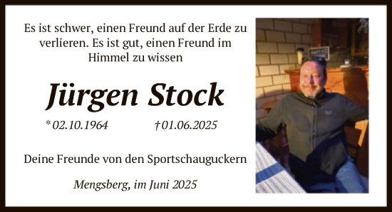 Todesanzeige von Jürgen Stock von HNA