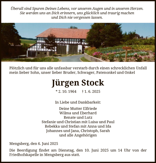 Todesanzeige von Jürgen Stock von HNA
