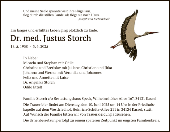 Todesanzeige von Justus Storch von HNA