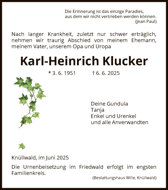 Todesanzeige von Karl-Heinrich Klucker von HNA
