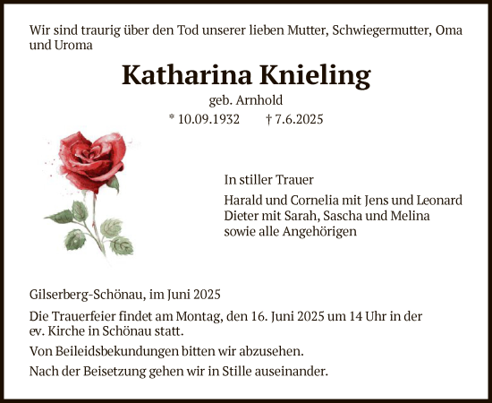Todesanzeige von Katharina Knieling von HNA