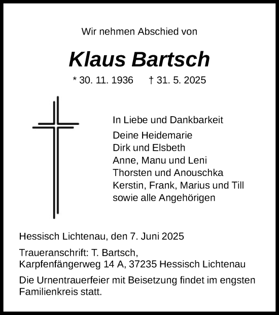 Todesanzeige von Klaus Bartsch von HNA