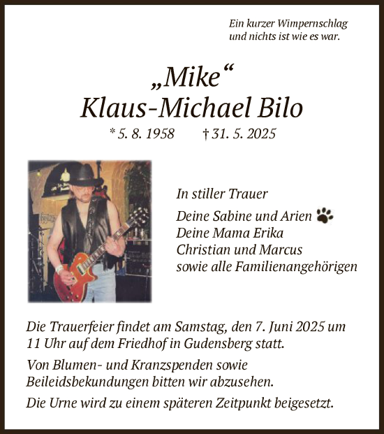 Todesanzeige von Klaus-Michael Bilo von HNAHNA