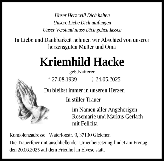 Todesanzeige von Kriemhild Hacke von HNA