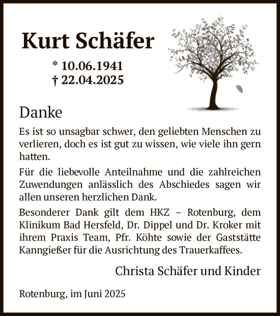 Todesanzeige von Kurt Schäfer von HNA