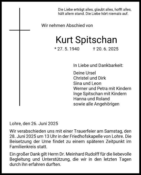 Todesanzeige von Kurt Spitschan von HNAHNA