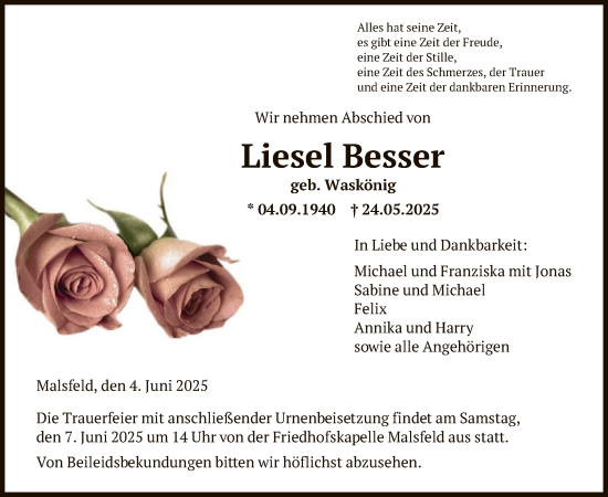Todesanzeige von Liesel Besser von HNA