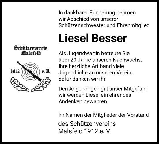 Todesanzeige von Liesel Besser von HNA