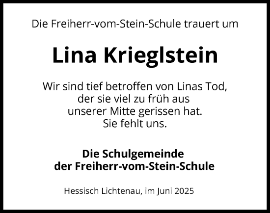 Todesanzeige von Lina Krieglstein von HNA