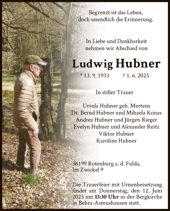 Todesanzeige von Ludwig Hubner von HNA