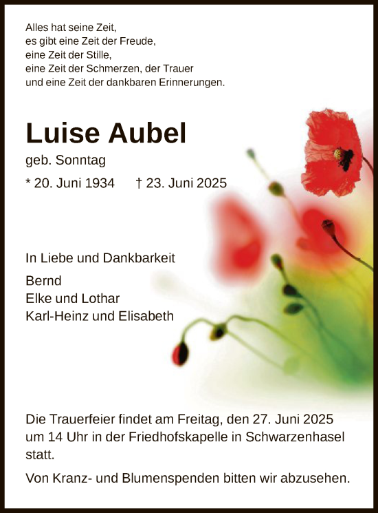 Todesanzeige von Luise Aubel von HNA