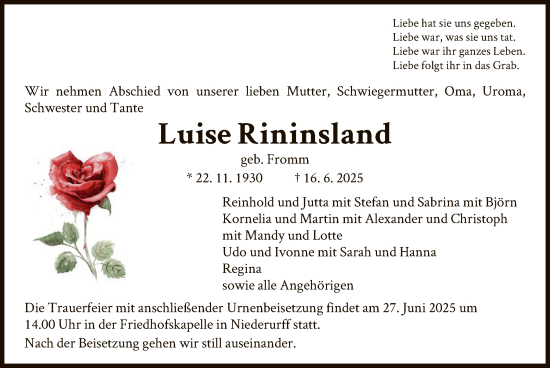 Todesanzeige von Luise Rininsland von HNA