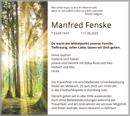 Todesanzeige von Manfred Fenske von HNA