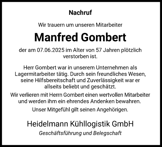 Todesanzeige von Manfred Gombert von HNA