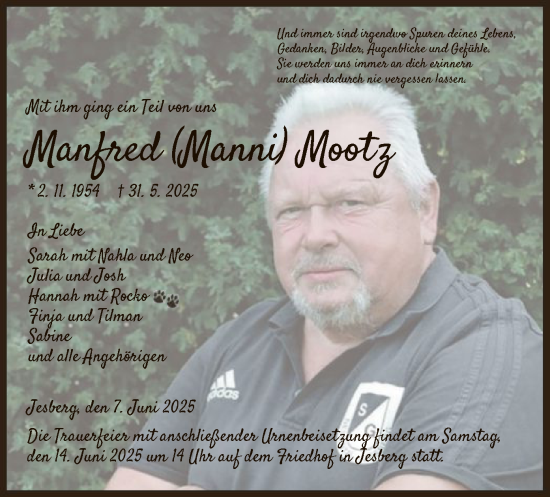 Todesanzeige von Manfred Mootz von HNA