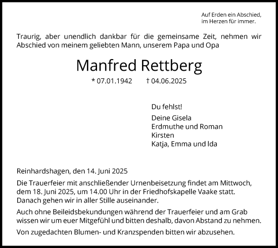 Todesanzeige von Manfred Rettberg von HNAHNAHNA