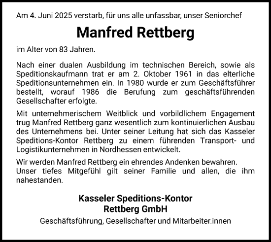 Todesanzeige von Manfred Rettberg von HNAHNA