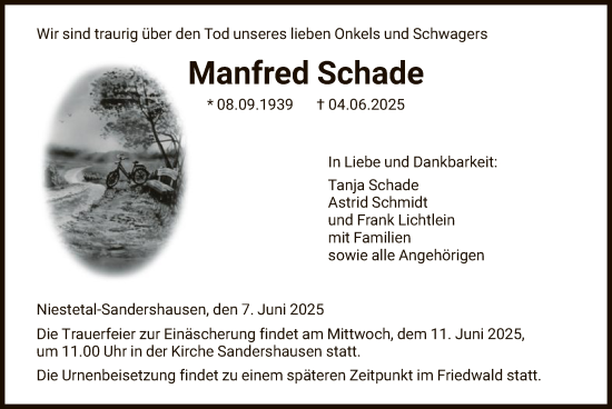 Todesanzeige von Manfred Schade von HNA