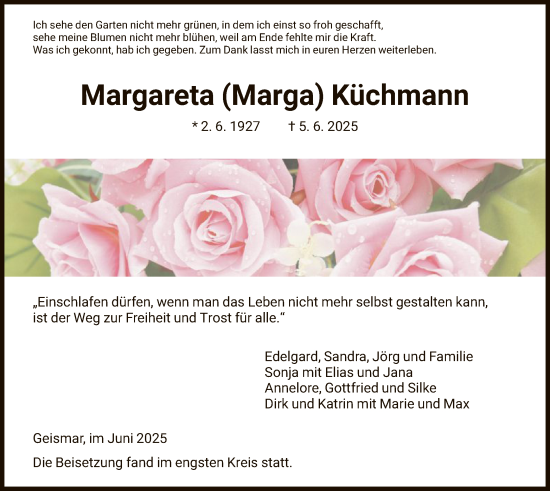 Todesanzeige von Margareta Küchmann von HNA