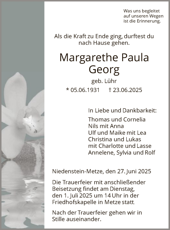 Todesanzeige von Margarethe Paula Georg von HNA