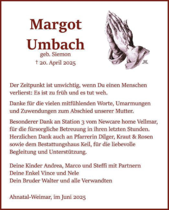 Todesanzeige von Margot Umbach von HNAHNA