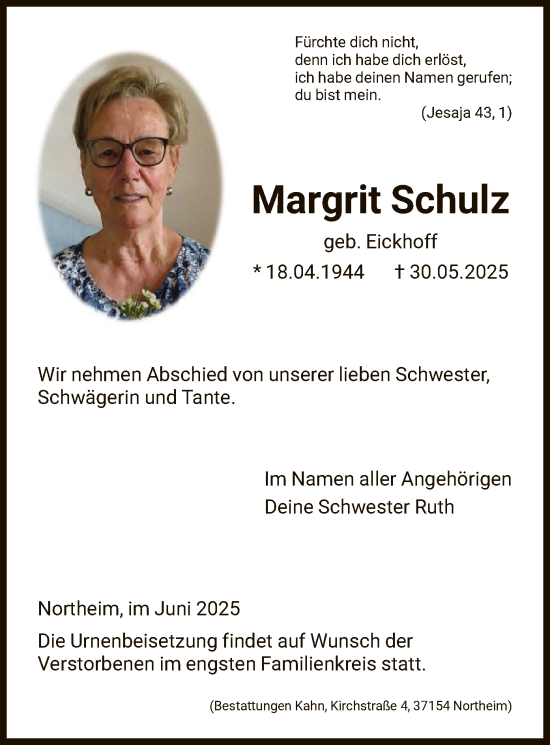 Todesanzeige von Margrit Schulz von HNA