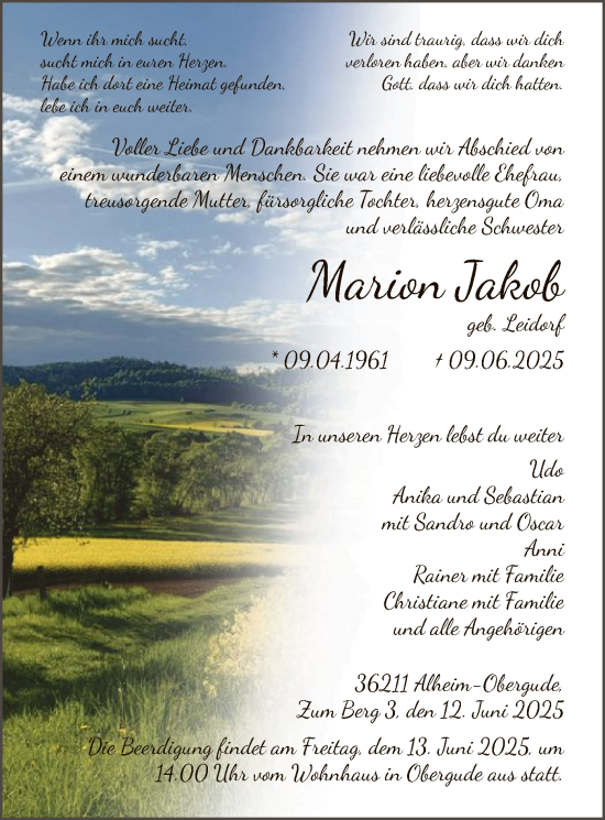 Todesanzeige von Marion Jakob von HNA