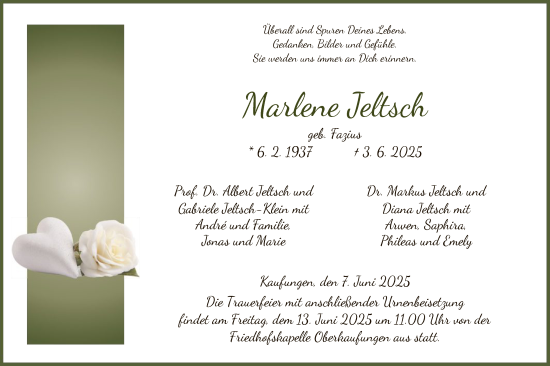 Todesanzeige von Marlene Jeltsch von HNA