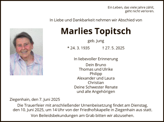 Todesanzeige von Marlies Topitsch von HNA