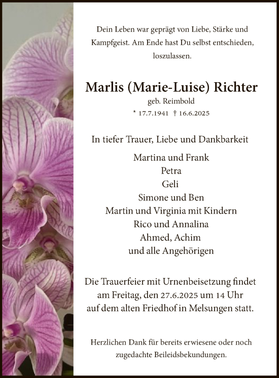 Todesanzeige von Marlis Richter von HNA