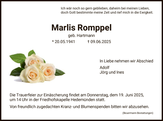 Todesanzeige von Marlis Romppel von HNA