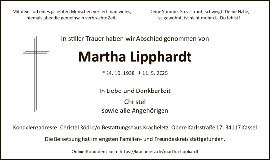 Todesanzeige von Martha Lipphardt von HNA