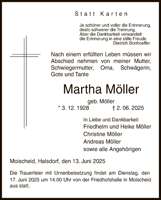 Todesanzeige von Martha Möller von HNA