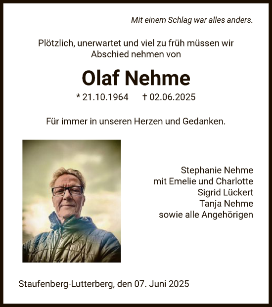 Todesanzeige von Olaf Nehme von HNA