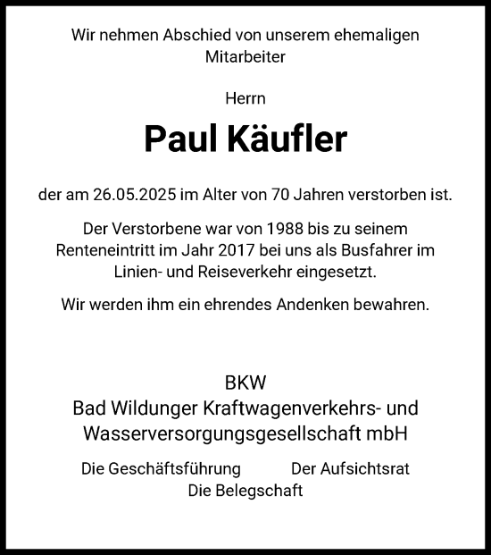 Todesanzeige von Paul Käufler von HNA