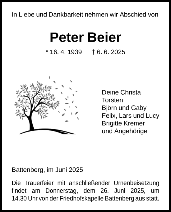 Todesanzeige von Peter Beier von HNA