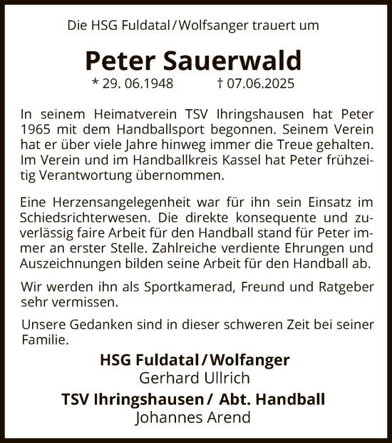 Todesanzeige von Peter Sauerwald von HNA