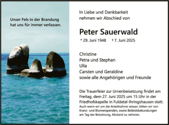 Todesanzeige von Peter Sauerwald von HNA