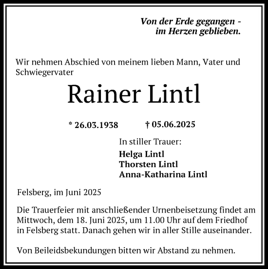 Todesanzeige von Rainer Lintl von HNA