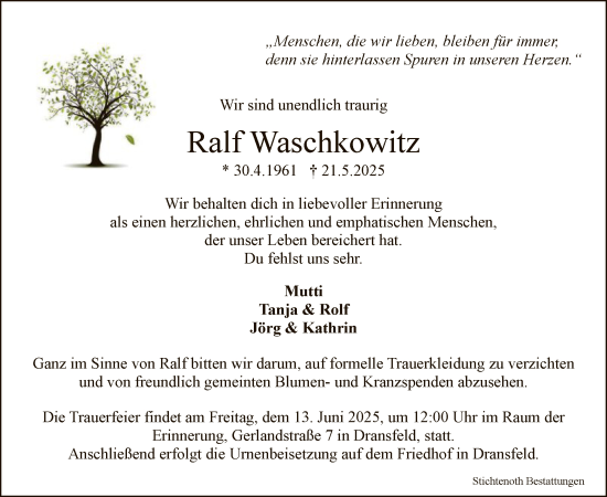 Todesanzeige von Ralf Waschkowitz von HNA