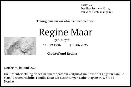 Todesanzeige von Regine Maar von HNA