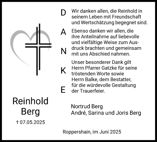 Todesanzeige von Reinhold Berg von HNA