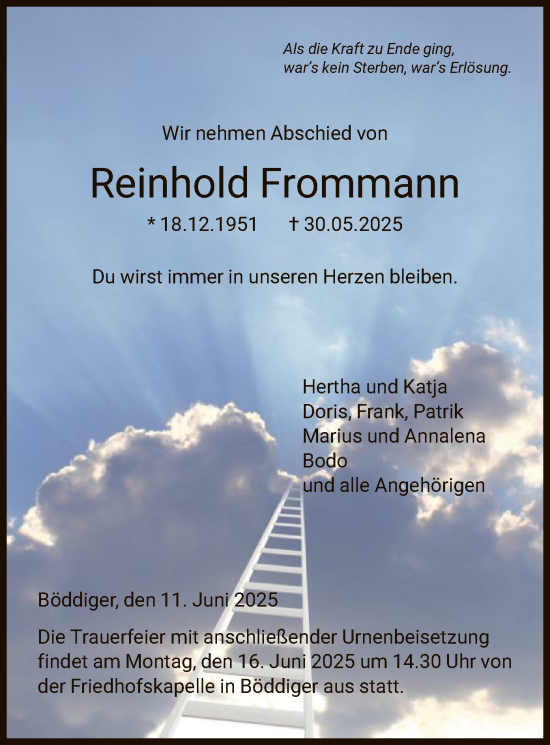 Todesanzeige von Reinhold Frommann von HNA
