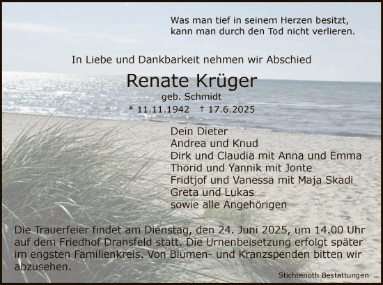 Todesanzeige von Renate Krüger von HNA