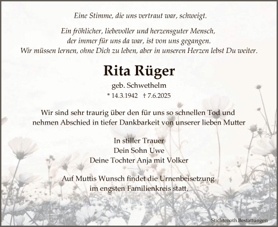 Todesanzeige von Rita Rüger von HNA