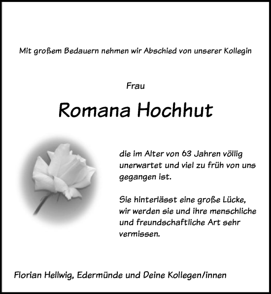 Todesanzeige von Romana Hochhut von HNA