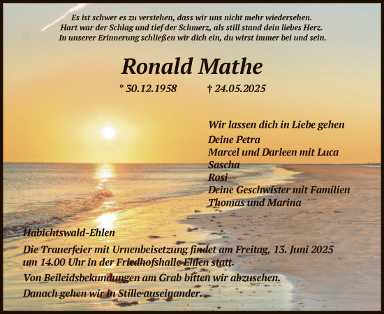 Todesanzeige von Ronald Mathe von HNA