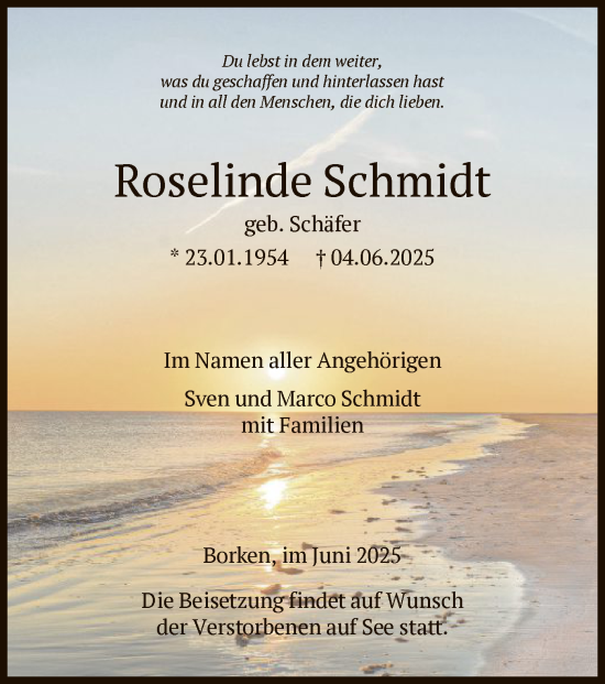 Todesanzeige von Roselinde Schmidt von HNA