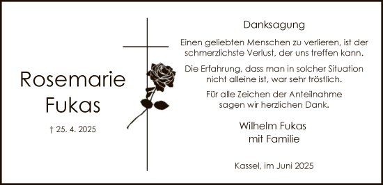 Todesanzeige von Rosemarie Fukas von HNA